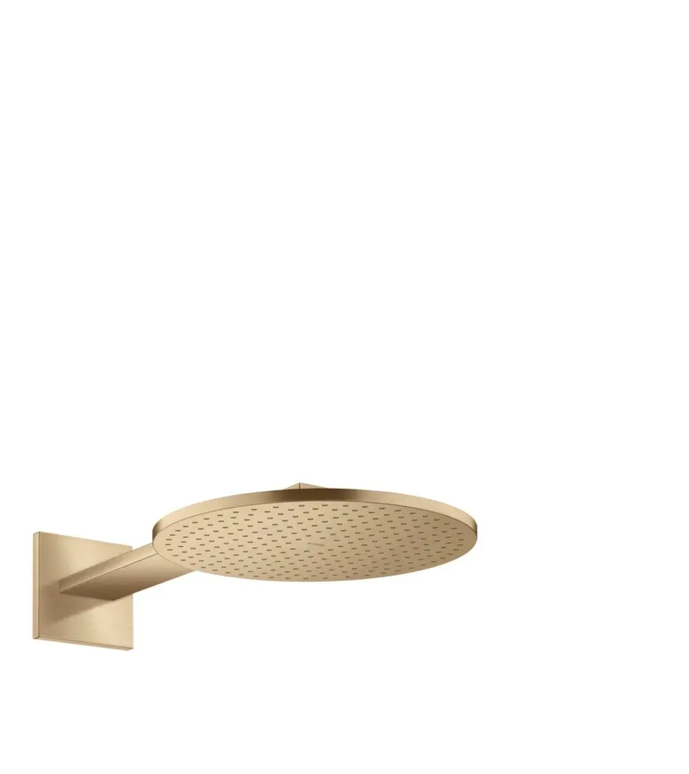 Kopfbrause mit runder, flacher Oberfläche und einem Brausearm, montiert an einer Wand, in gebürstetem Bronze-Finish. Aus der Produktlinie von AXOR.